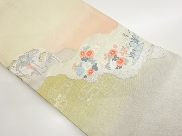 綴れ道長取に菊・菖蒲・松・藤模様織出し名古屋帯